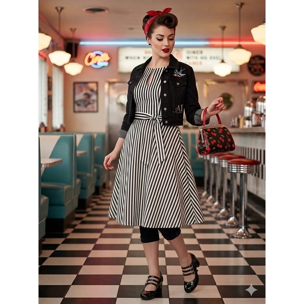 Black White Striped Cotton Fit and Flare Dress Pinup Size 2 Minimalist Timeless